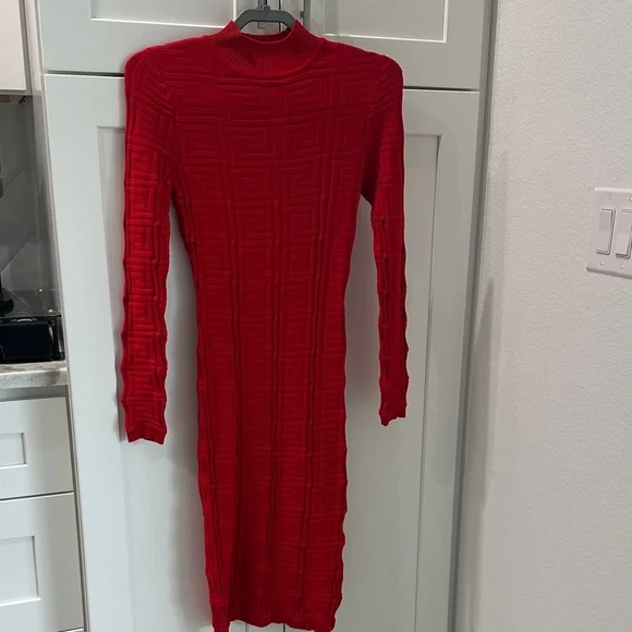 Fashion Nova Red Textured Long Sleeve Sweater Midi Dress with Mock Neck - Picture 4 of 4